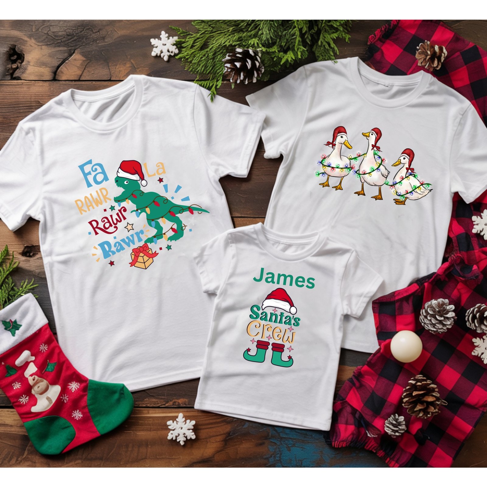 Christmas Graphic Tee – Funny Dinosaur, Goose & Santa Crew Holiday Shirt - Image 2