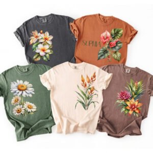 Personalized Floral T-Shirt – Botanical Flower Graphic Tee, Custom Name Shirt