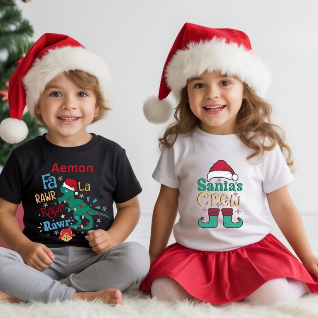 Christmas Graphic Tee – Funny Dinosaur, Goose & Santa Crew Holiday Shirt