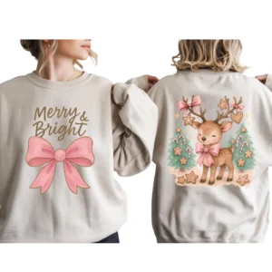 Merry & Bright Reindeer Christmas Sweatshirt or Hoodie | Holiday Crewneck
